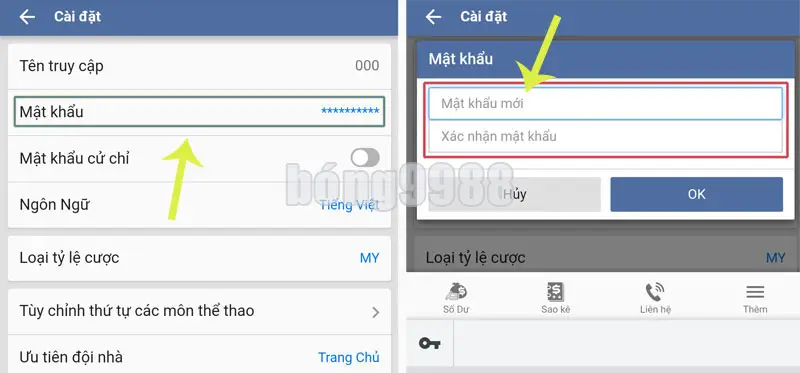 đổi mật khẩu trên bong88